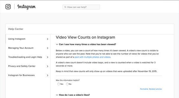 Instagram View Count in Help Section